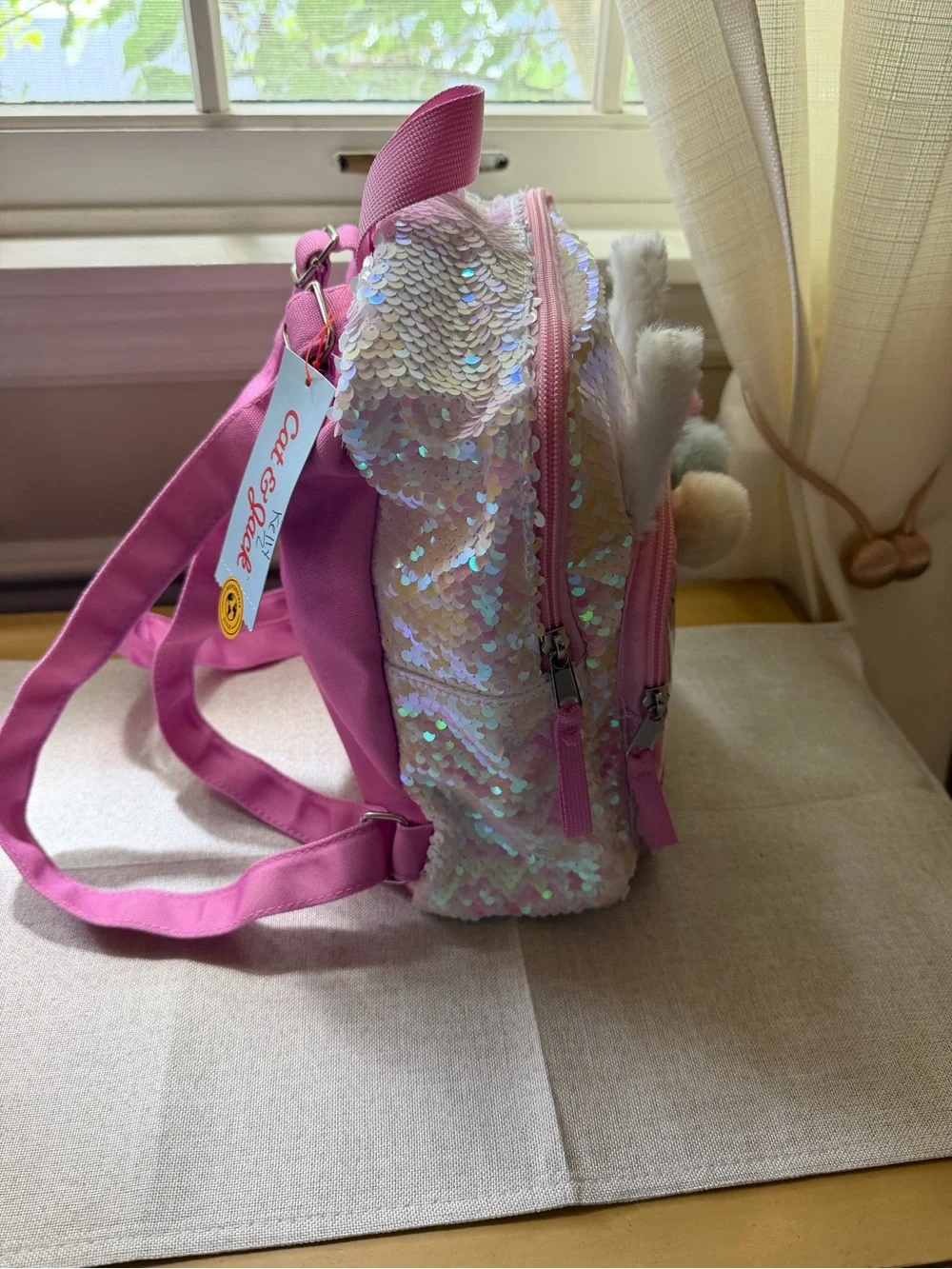 Cat & Jack Bunny Sequin Mini Backpack Pink Glitter Pom NWT